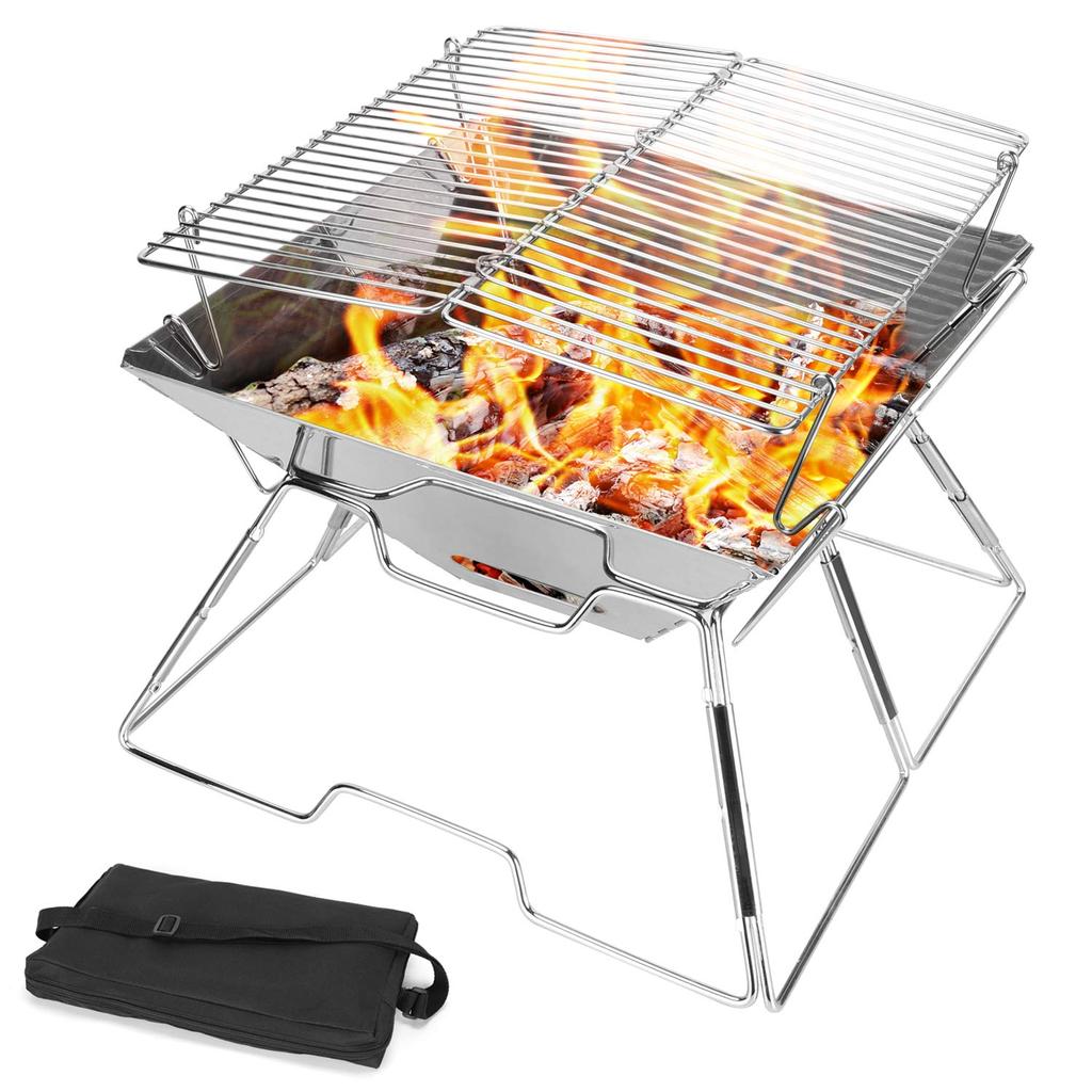 Folding Campfire Grill Stainless Steel Grate Barbeque Grill Portable Camping Grill with Legs for Picnics Backpacking Outdoor