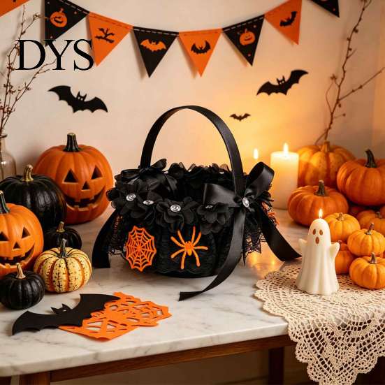 Kinder Süßigkeiten-Sammelkorb Schwarzer Blumenmädchenkorb mit Griff und Satinband, Gotischer Spitzen-Skelett-Kleinteile-Aufbewahrungsbehälter Halloween-Snack