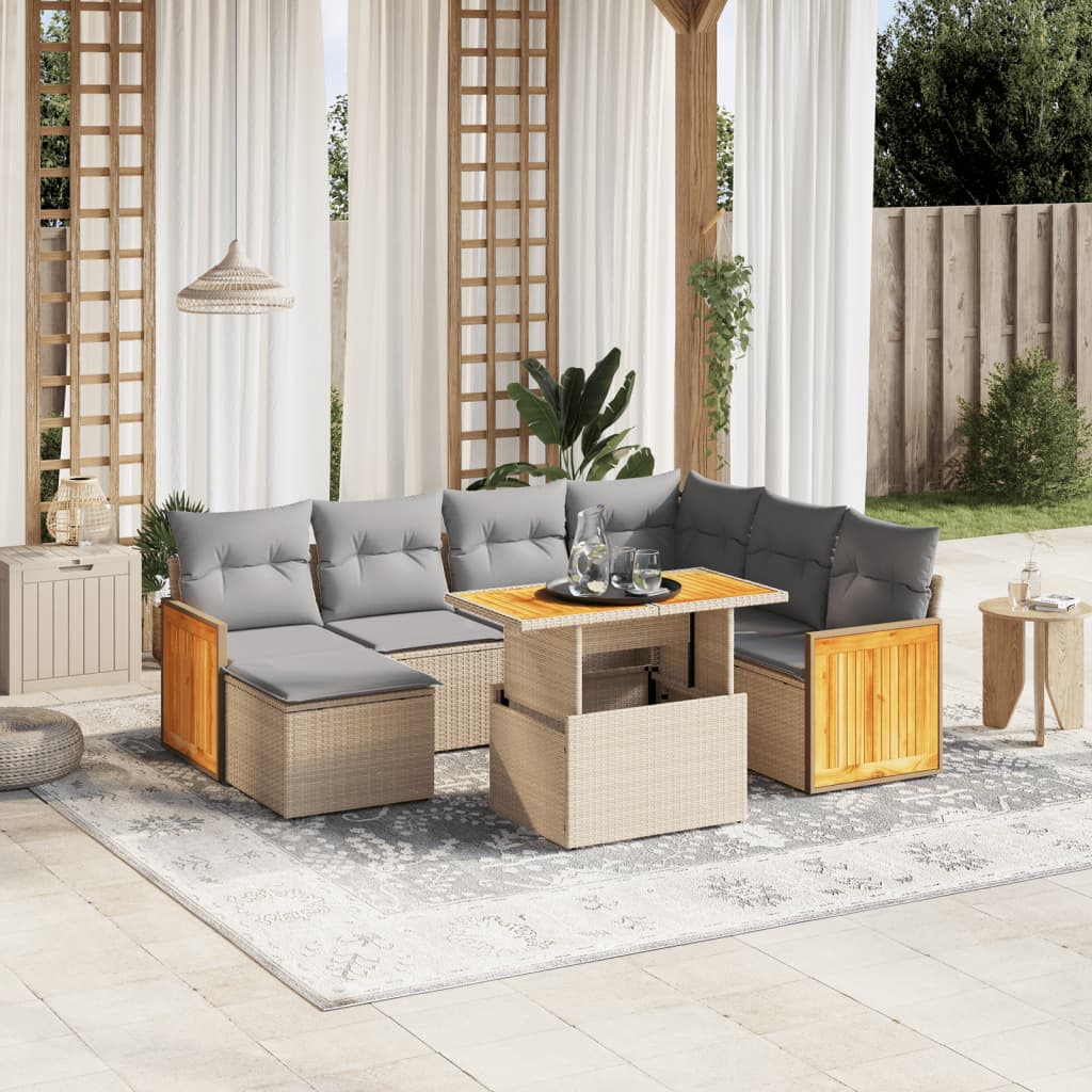 Vidaxl 8-Cz. Garden Furniture Set With Cushions, Beige, Poly Rattan