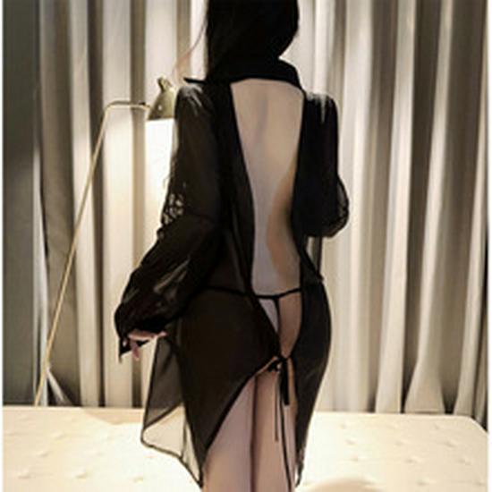 Plus Size Backless Boyfriend-Style Lingerie Set with See-Through Shirt