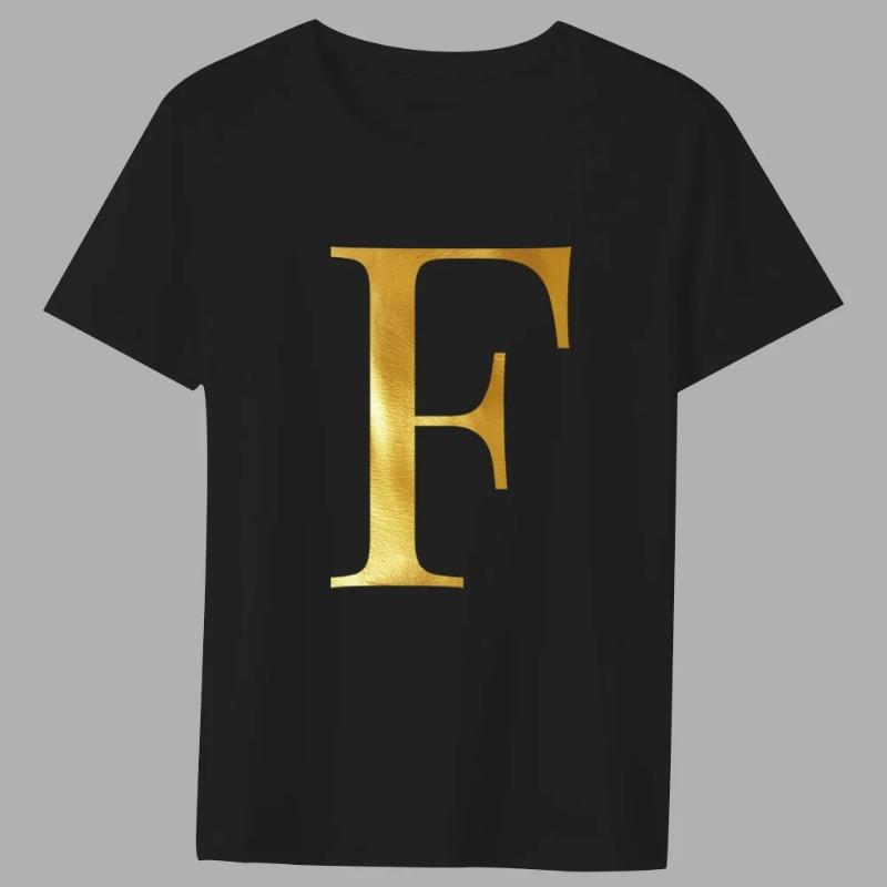 Fashion T-shirt Black Men's 26 English Letters Gold Printing Pattern Series Casual Round Neck Commuter Comfortable Top T-Shirts Men’s