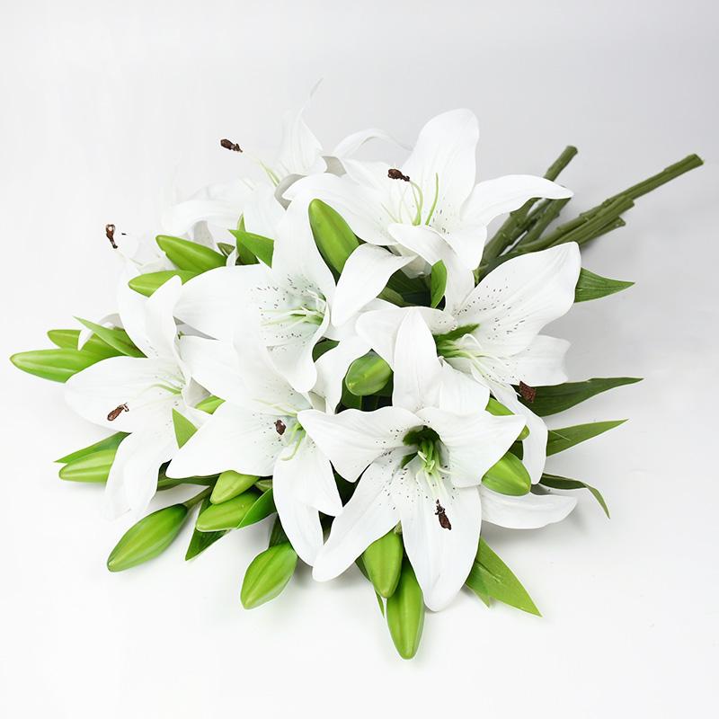 5Pcs 38cm White Lily Artificial Flowers Party Wedding Bridal Bouquet Fake Plant for Living Room Home Garen Decoration Real Touch