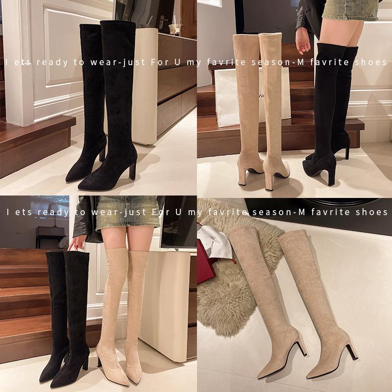 2025 autumn and winter new medium heel women's boots large size versatile pointed explosion thin boots over the knee elastic boots children