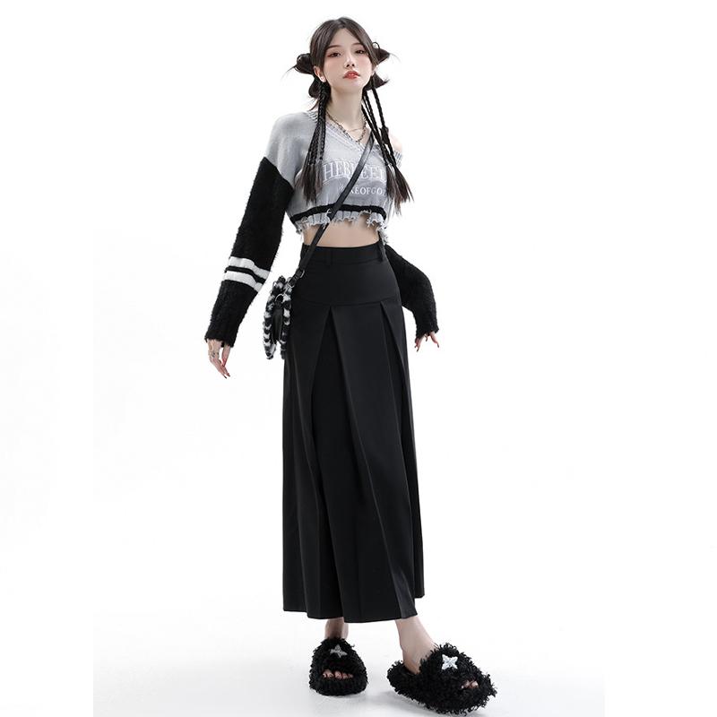 Vintage šedý oblek sukně do A Dámské jarní podzimní vysokoškolský styl s vysokým pasem skládaná střední délka sukně dámská