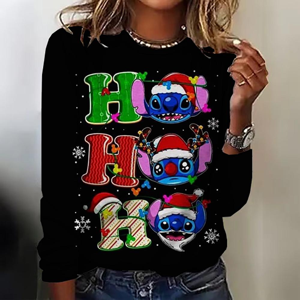 New women's round neck T-shirt long sleeved top Disney Christmas Stitch print fashionable and trendy women's T-shirt top for aut