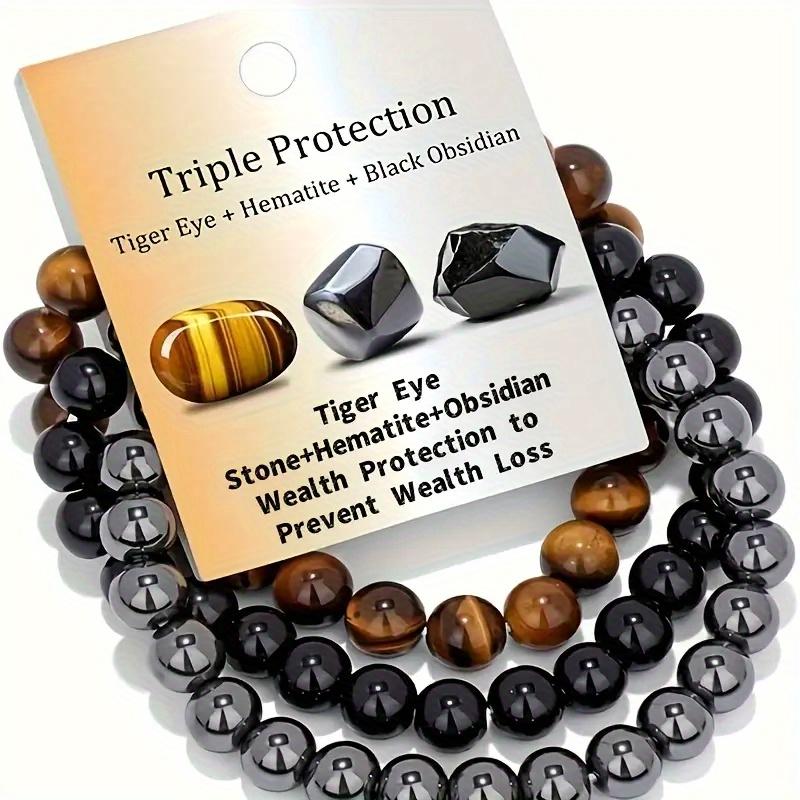3pcs Mixed Material Bracelet Set | 8mm Tiger Eye + Ferromagnetic + Obsidian Beads, Handmade Elastic Spiritual Additions, Suitable