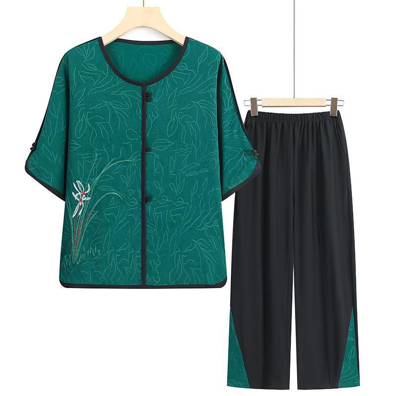 

Women s Summer Clothing: Round Neck Pullover, Mid-Sleeve T-Shirt & Two-Piece Set for Middle-Aged and Elderly 4XL (130-145 lbs)