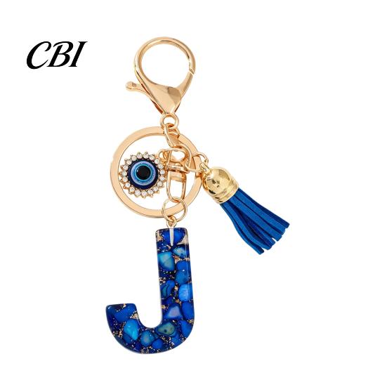 Portable Key Organizer Blue Series Keychain Pendant, Initial Letter Charm Chain with Eyes Tassel Design, A-Z Holder for Bags Backpacks Cars