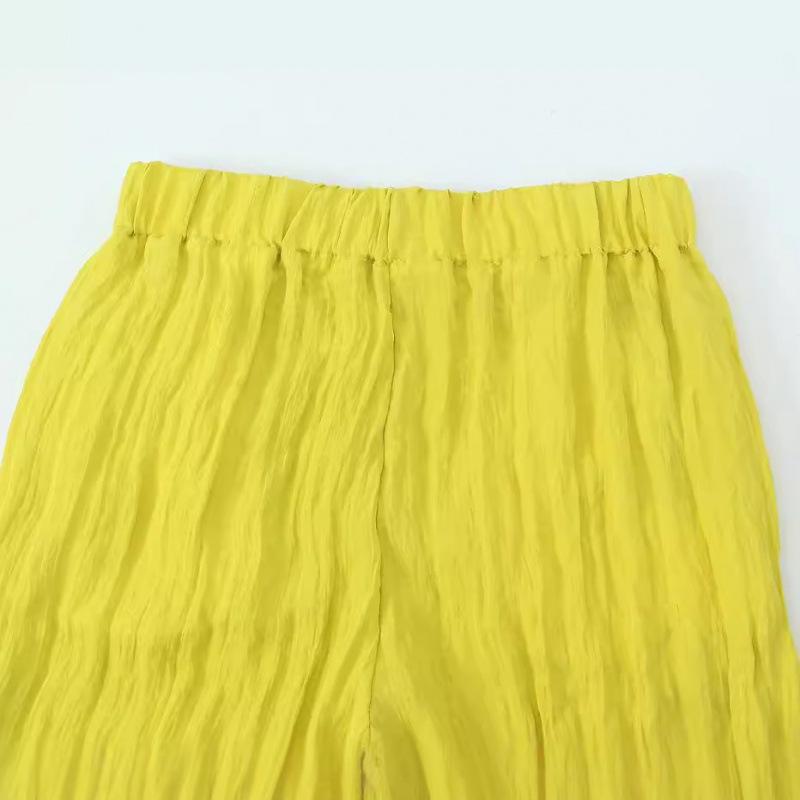 European & American Style Summer Wide Leg Elastic Waist Wrinkle-Effect Pants - Solid Color