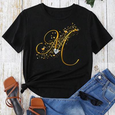 Benutzerdefinierte Namensbuchstabenkombination Goldene Schrift Kurzarmtops Schwarzes T-Shirt Damenoberteile