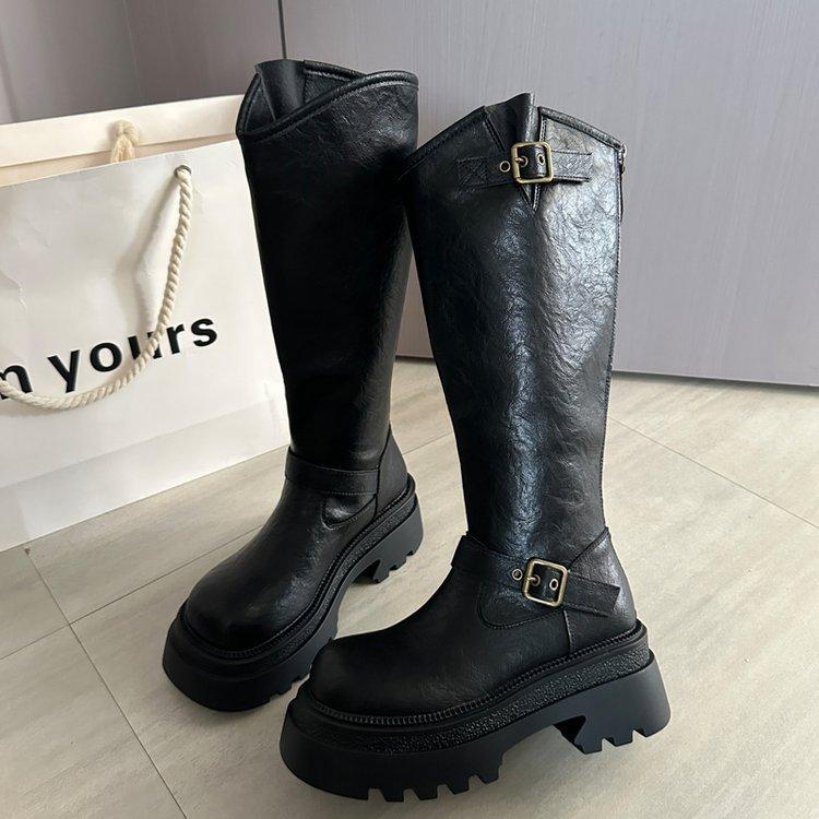 Belt Buckle Knight Boots Muffin Bottom Tall Women's Boots Trendy High Heel But Knee High Tube 2025 Autumn and Winter New Thick Bottom