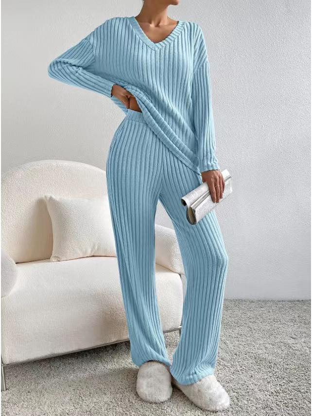 European & American Autumn/Winter Two-Piece Set: V-Neck Ribbed Knit & Casual Straight-Leg Pants