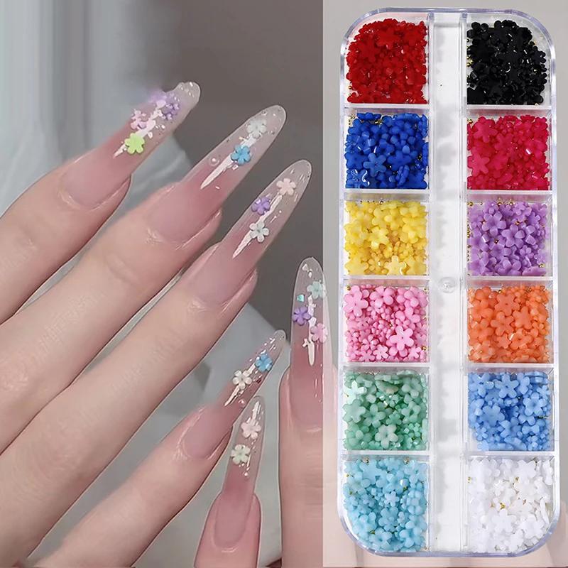 12/15 Grids 3D Flower Nail Art Decoration Colorful Resin 5-Petal Flower Nail Charms Luxury Rhinestones Manicure DIY Accessories