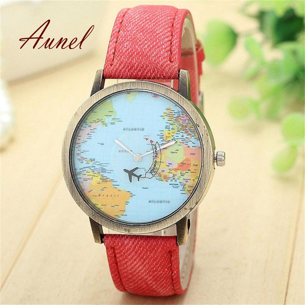 

Мужчины Женщины Джинсовый ремешок Самолет Карта мира Циферблат Аналоговые кварцевые часы
