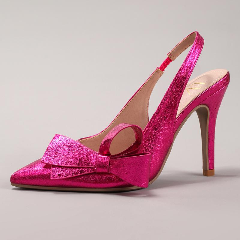 Bow high-heeled sandals glossy PU elegant sexy pointed wedding banquet with sandals customized
