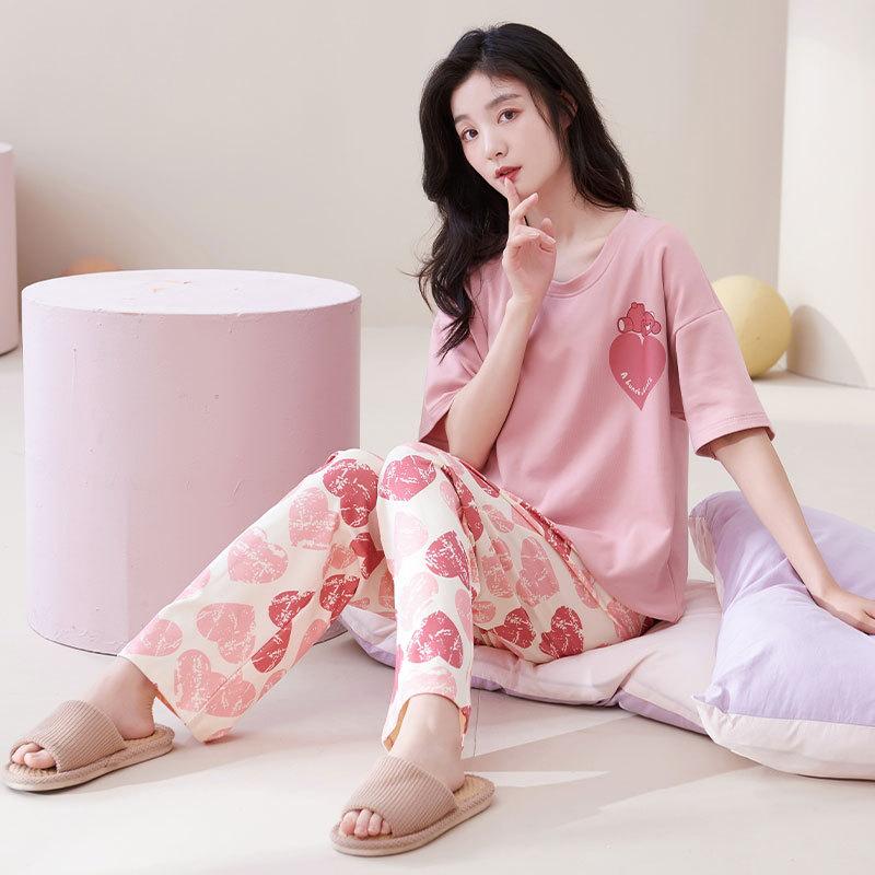 Short-sleeved long pants pajamas women's summer cartoon cute can be worn outside plaid loungewear imitation cotton suit summer thin