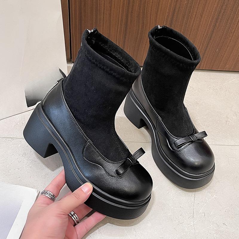 Small Stretch Skinny Boots Women  New Round Toe Bow Platform Rear Zipper Heightened Skinny Booties