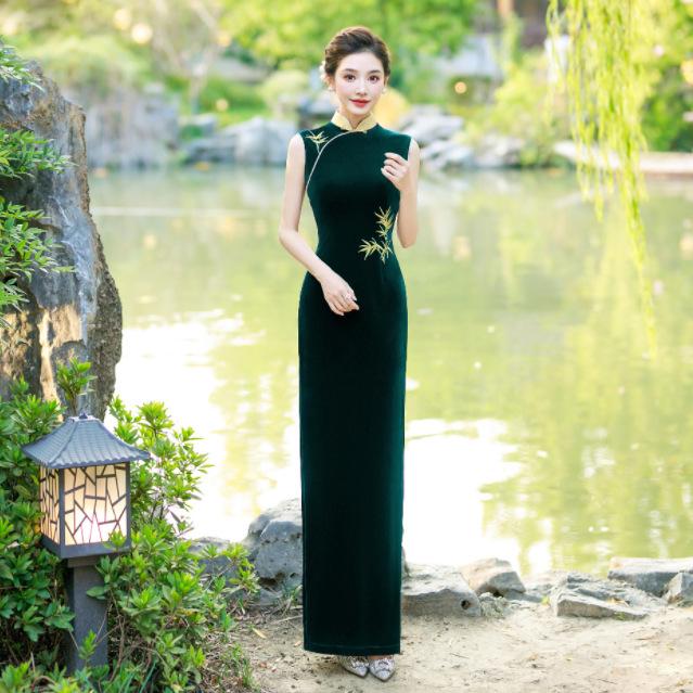 Chinese retro cheongsam new sleeveless birthday party photo cheongsam dress 1011 women's catwalk dress dress