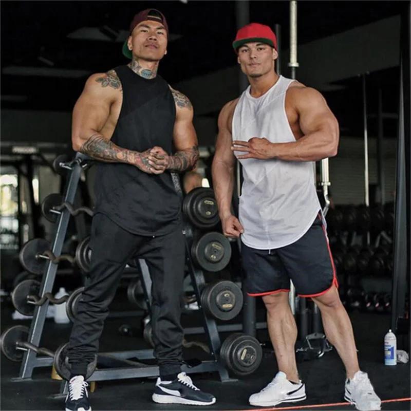 Muscleguys Running Vests Men Cotton Patchwork Mesh Cut Off Gym Tank Tops Bodybuilding Sleeveless Shirts Fitness Clothing Workout Singlets