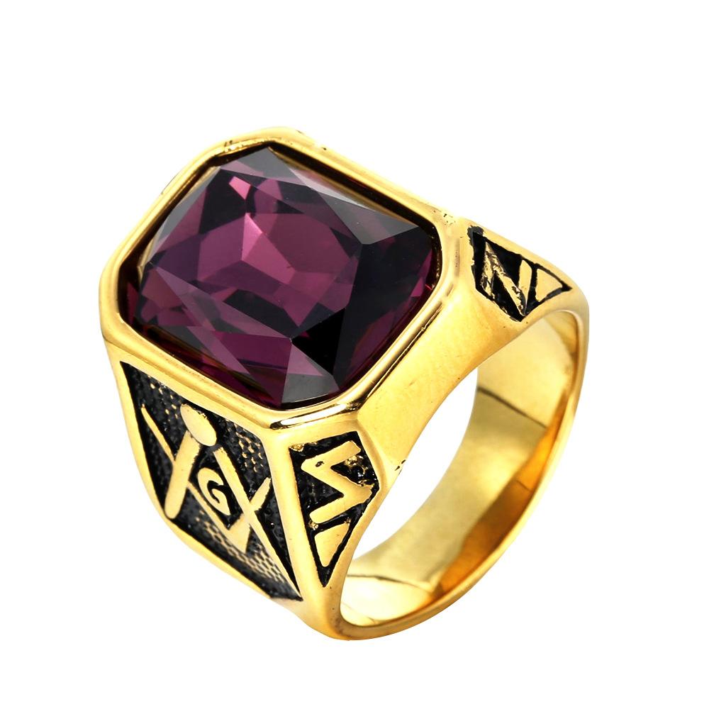 Trendy Gold Plated Titanium Ring with Colorful Gems Punk Style Stainless Steel Jewelry