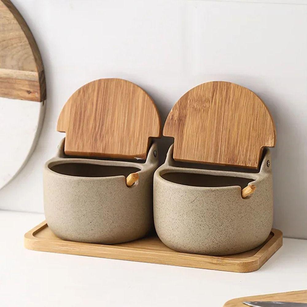 Serving Spoon Ceramic Seasoning Jar Set Wooden Tray Kitchen Condiment Container  Kitchen