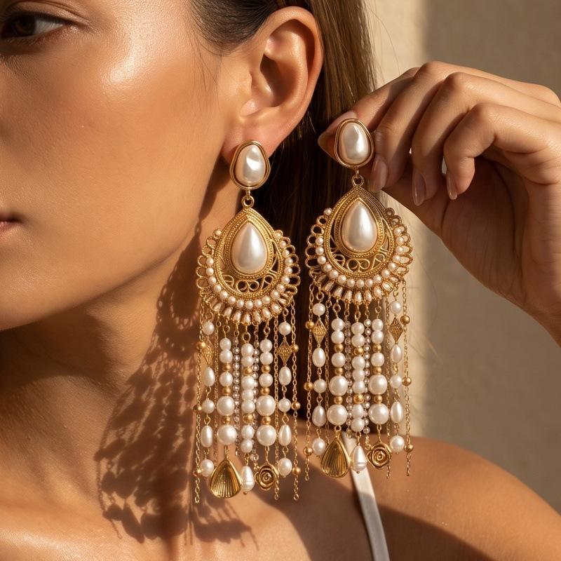 Indian jewelry elegant luxury imitation large gemstone earrings women's retro bells fringed earrings diamond long earrings