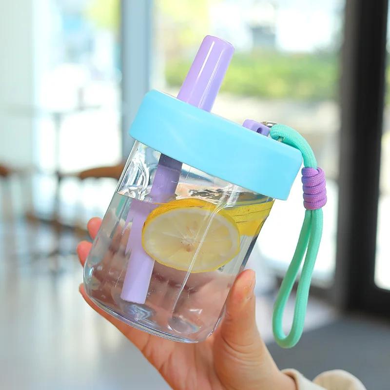 Plastic Water Cup for Women Simple Portable Tea and Water Separation Student and Child Anti-fall Korean Style Cute Straw Cup