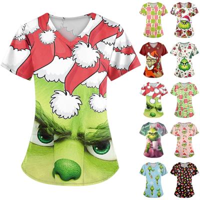 Damskie modne koszulki z krótkim rękawem i dekoltem w serek z nadrukiem i kieszeniami, robocze T-shirty