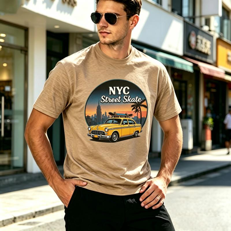 Vintage New York Taxi Skateboard T Shirt NYC City Skyline Graphic Tee Soft Cotton Casual Street Short Sleeve Shirt Daily Wear