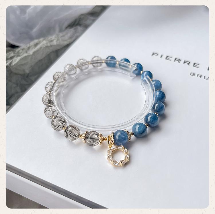 

Qiaoen Women s Natural Black Rutilated Quartz & Blue Kyanite Beaded Bracelet - Original Niche Jewelry Design 16cm-17cm wrist
