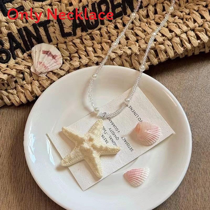 Sea Star Long Beaded Necklace With Alloy Pendant For Summer Beachwear Jewelry