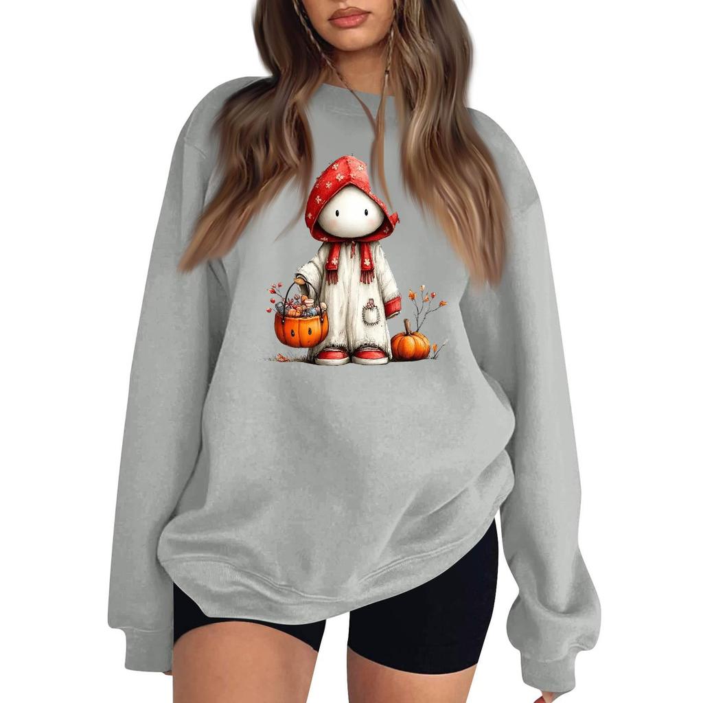 Women's Comfortable Round Neck Long Sleeve Sweatshirt Loose Fit Casual with Color and Halloween Print