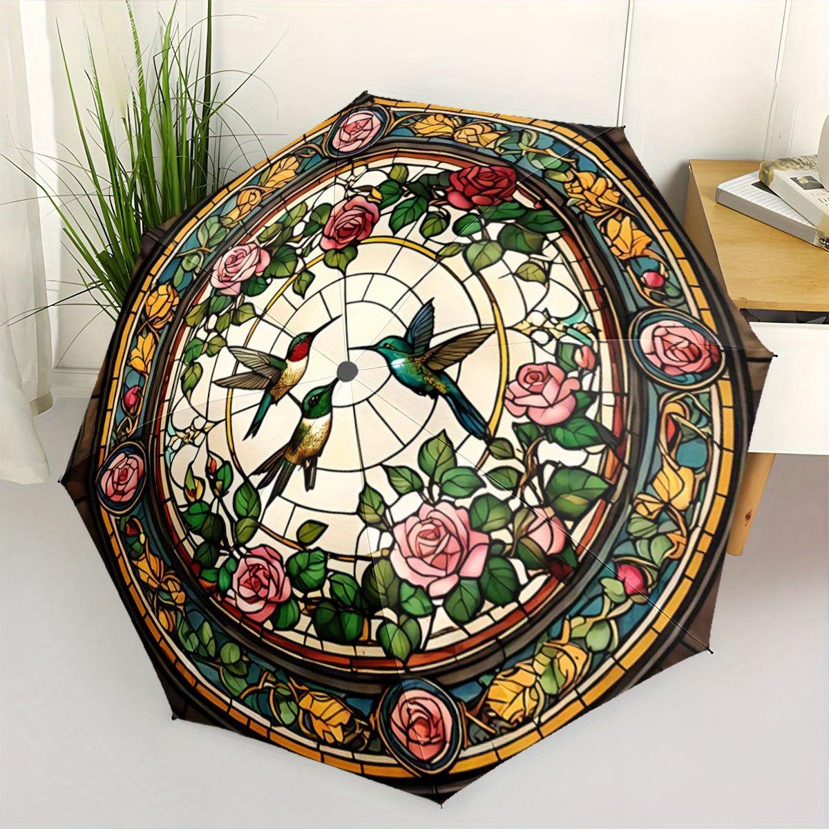 Automatic Open/Close Umbrella with Stained Glass Floral & Hummingbirds Design - Folding Umbrella, Compact Travel Umbrella with