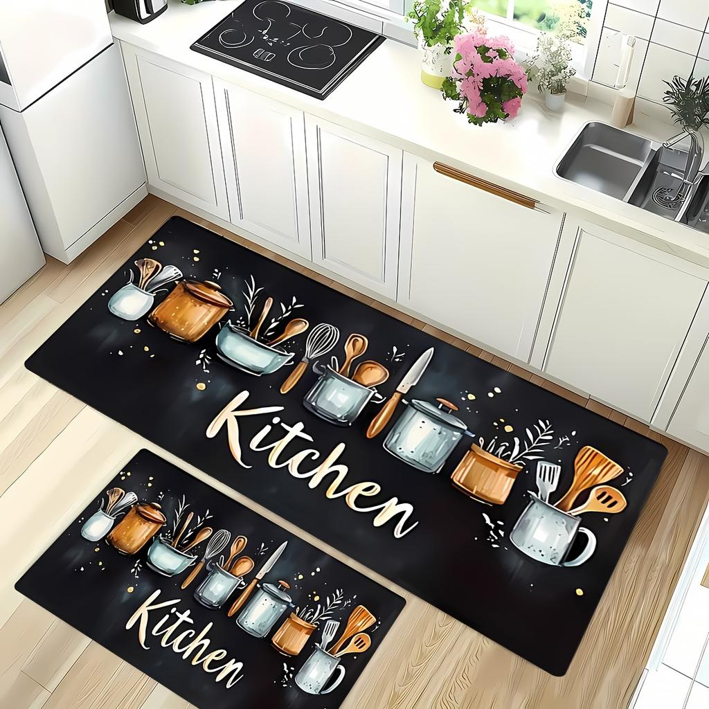 Kitchen Carpet Runner, Utensil Pattern Non-Slip Floor Mat, Washable Rug for Hallway Bathroom Bedroom Bedside, Gift, 1PC