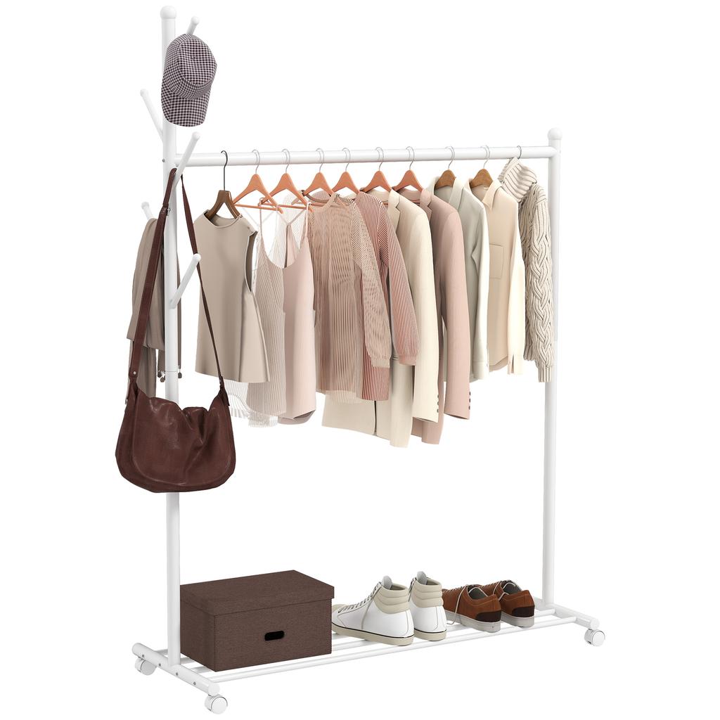 Coat Rack on Wheels with Shoe Shelf and 5 Hooks, 120x43x171cm, White