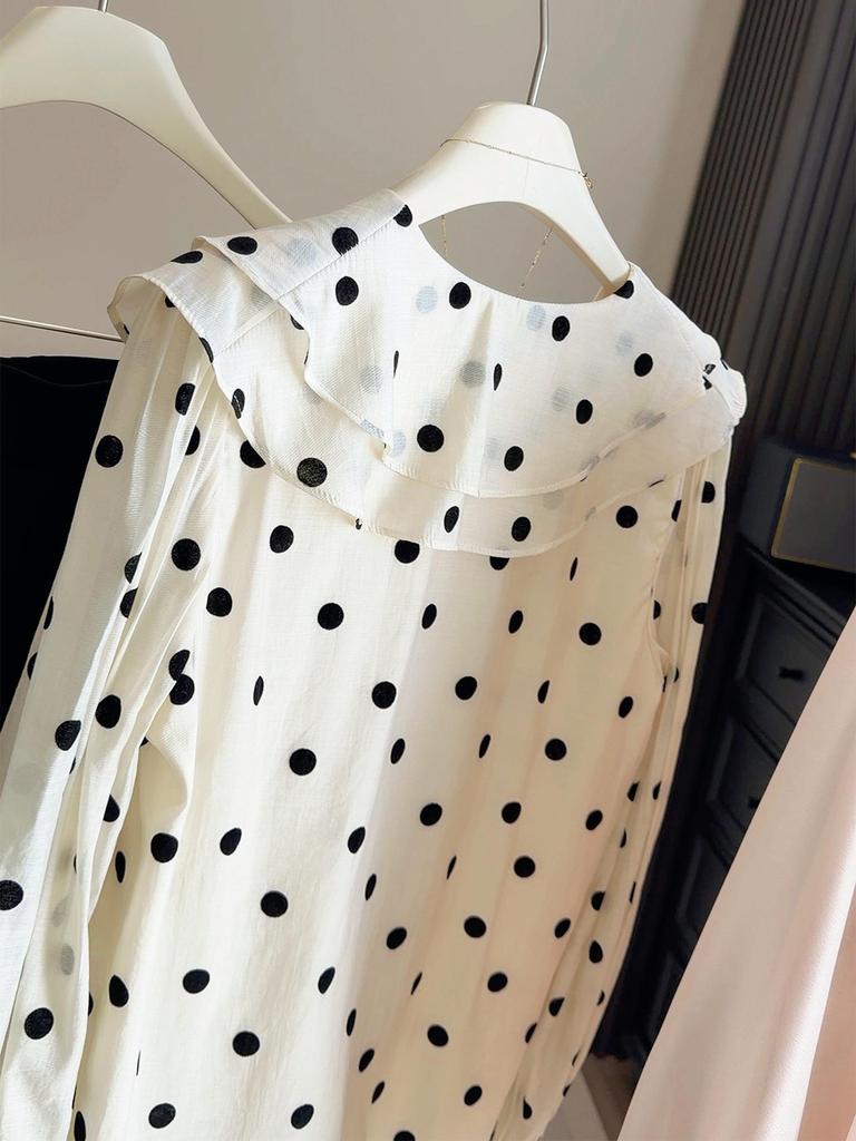 Women's Polka Dot Ruffle Long Sleeve Loose Shirt - French Style, Spring/Autumn