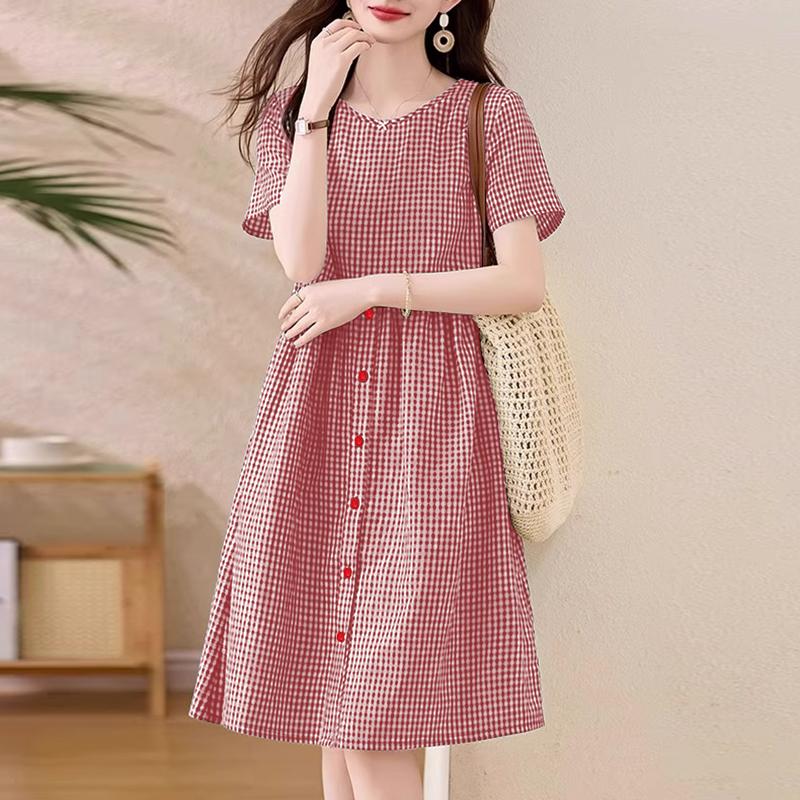 ZANZEA Rochie casual pentru femei, cu gât rotund, mânecă scurtă, imprimeu carouri