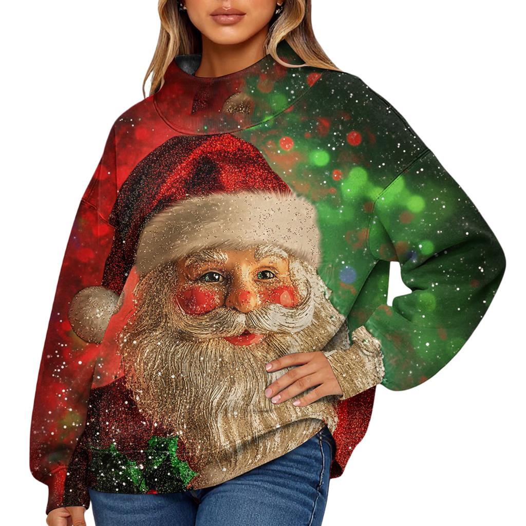 Ladies' Fashionable Christmas Printed Long Sleeved High Neck Sweatshirt Top