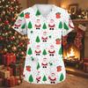 Women's V-Neck Short Sleeve Work Blouse with Pockets and Side Slits Christmas Print