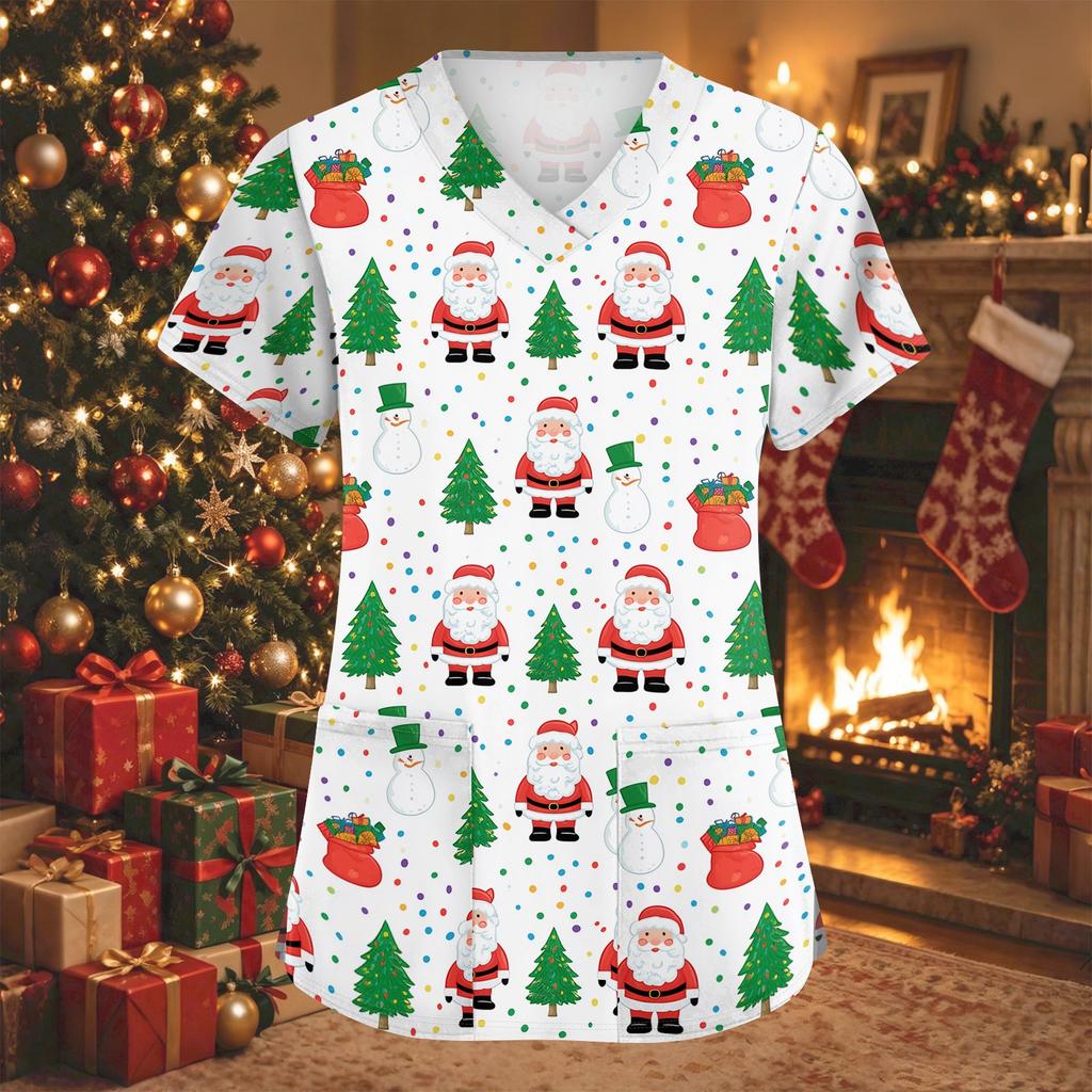Women's V-Neck Short Sleeve Work Blouse with Pockets and Side Slits Christmas Print