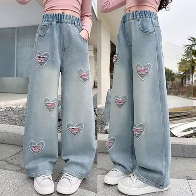 Teen Girls Denim Pants Spring Autumn New Heart Print Hole Wide Leg Pants For Girls Stylish Trousers