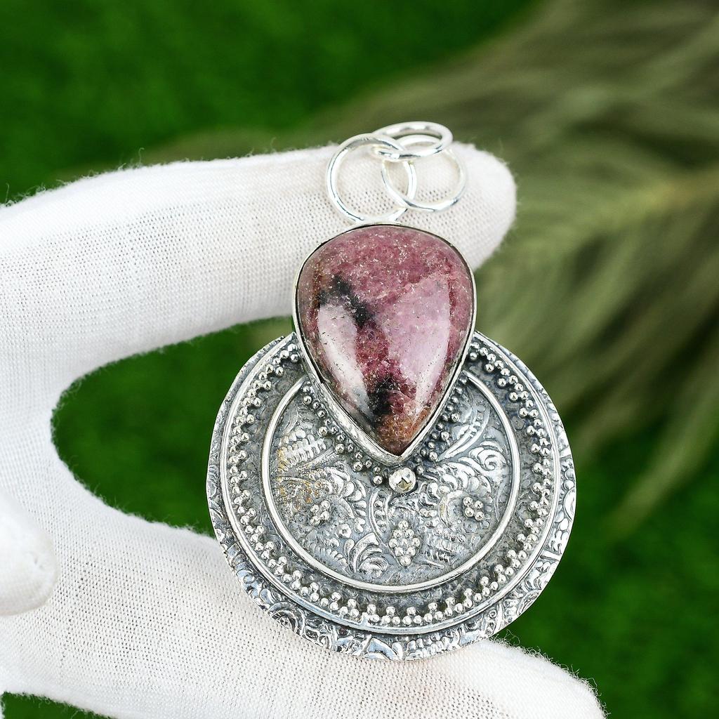 Sisters Day Sale 925 Silver Pear Rhodonite Gemstone Bezel Wife Pendant Jewelry