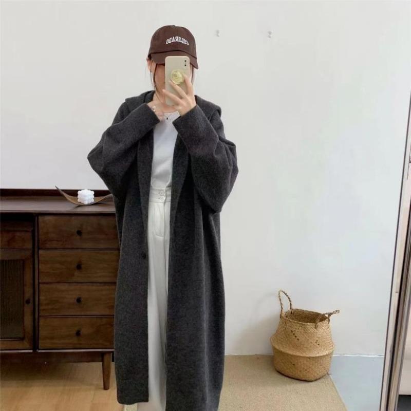 

Вязаный кардиган с капюшоном осень и зима новый топ женский свободный повседневный с длинным рукавом свитер куртка женский тренд One size серый