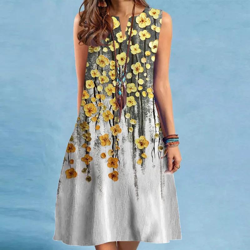 Vacation Women Floral Print Summer Short Beach Dress For Woman Floral V Neck Sundress Sleeveless Casual Loose Tank Mini Dresses