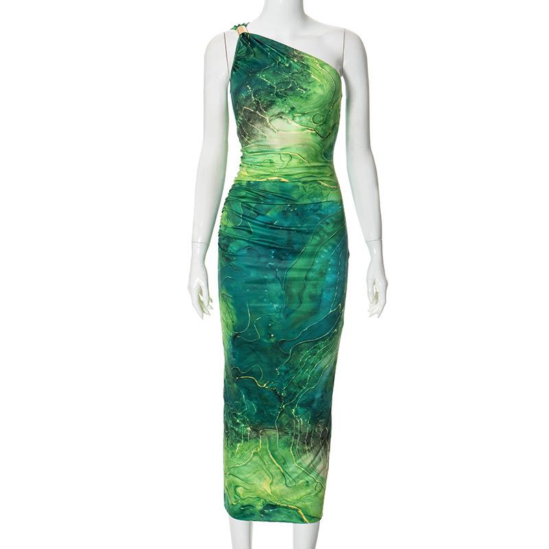 

Elegant Floral One-Shoulder High-Waist Summer Dress for Women Large зелений