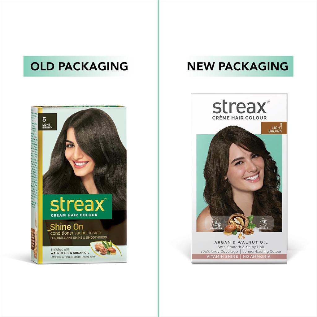 Streax Crème Permanent 5 Light Brown Hair Color 140ml Kit 100% Grey Coverage Long Lasting Ammonia Free