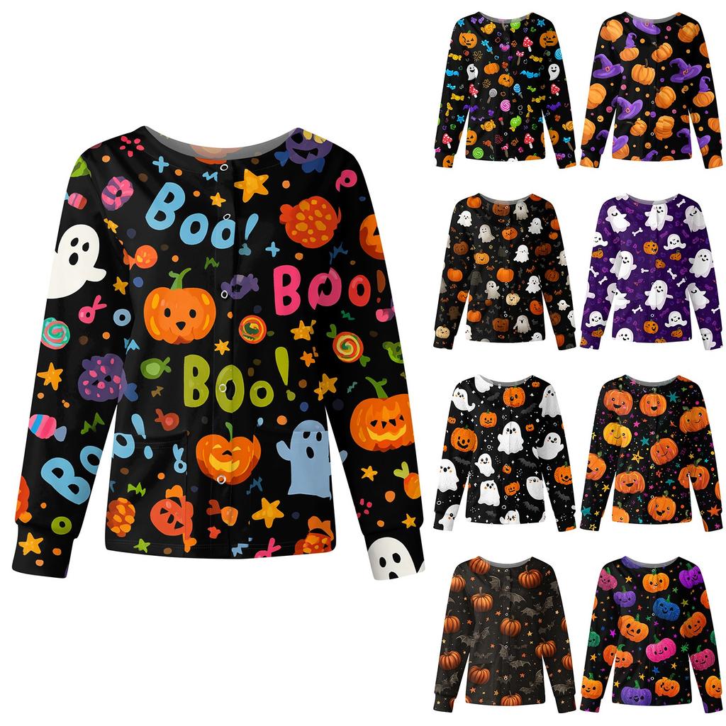Women's Casual Fashion Long Sleeve Standing Collar Single Breasted Halloween Printed Workwear Jacket Tops