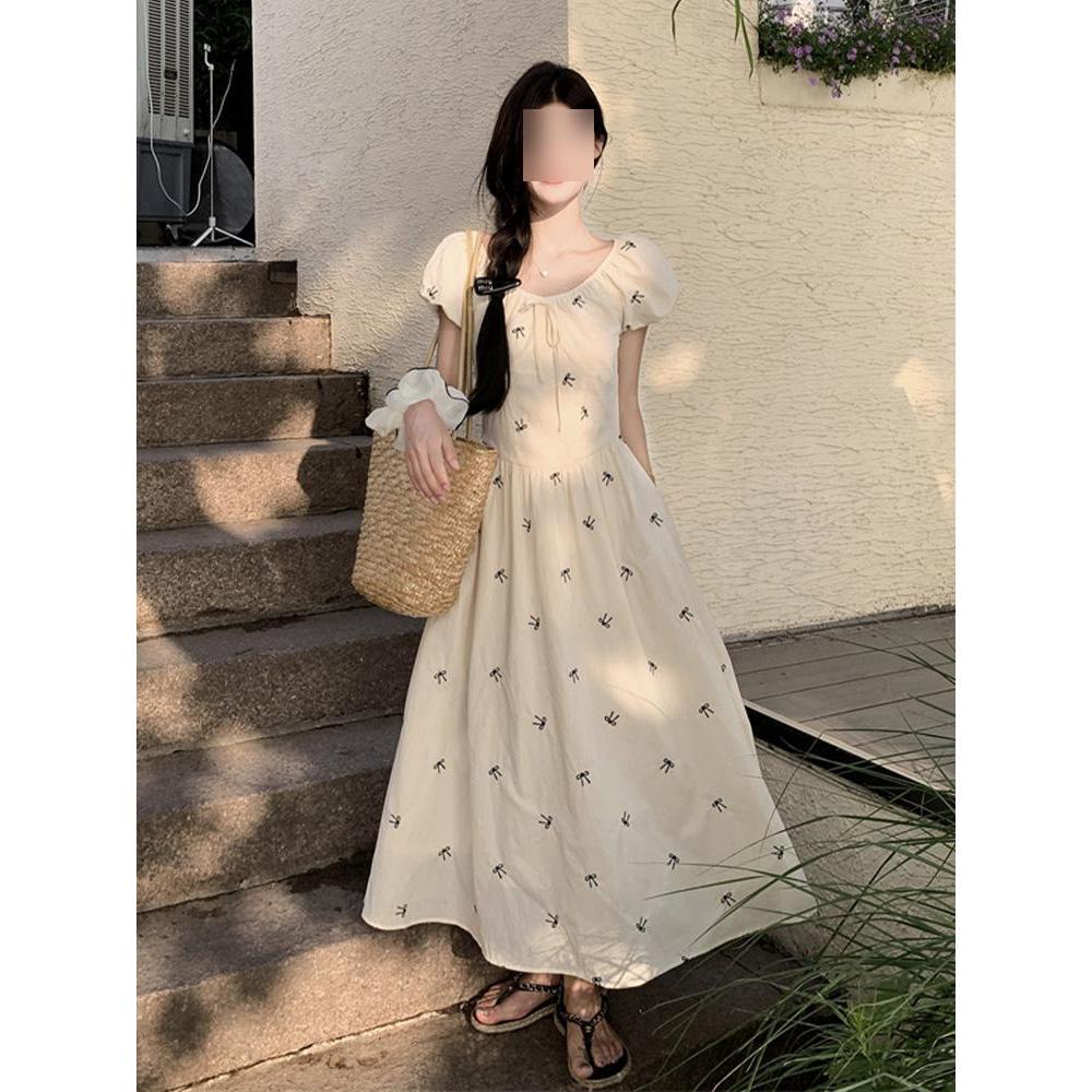Bow Printed Short Sleeve Dress Women's Summer Gentle Waist Skinny Bubble Sleeve A-Word Long Dress