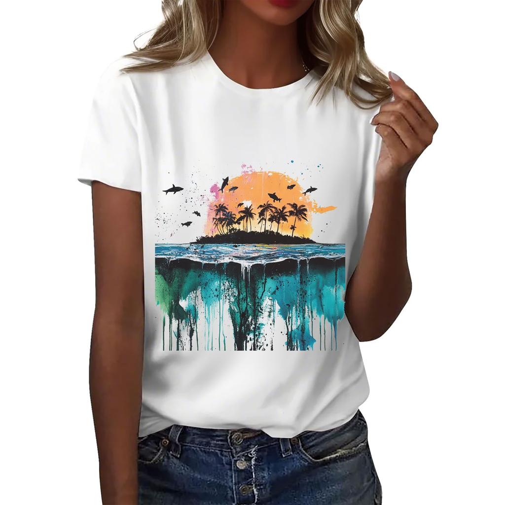 Women's Round Neck Casual Printed Short-sleeved T-shirt Top