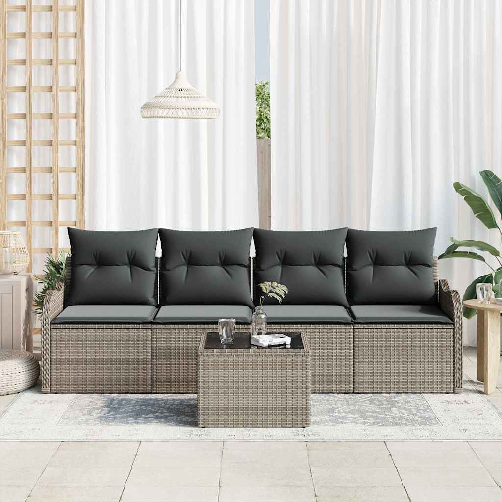 Garden Sofa Set 5 Pcs Grey Poly Rattan Steel and Glass